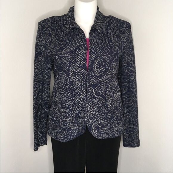 Chico’s Travelers Blue Silver Print Metallic Textured Design Jacket Business - Picture 1 of 13